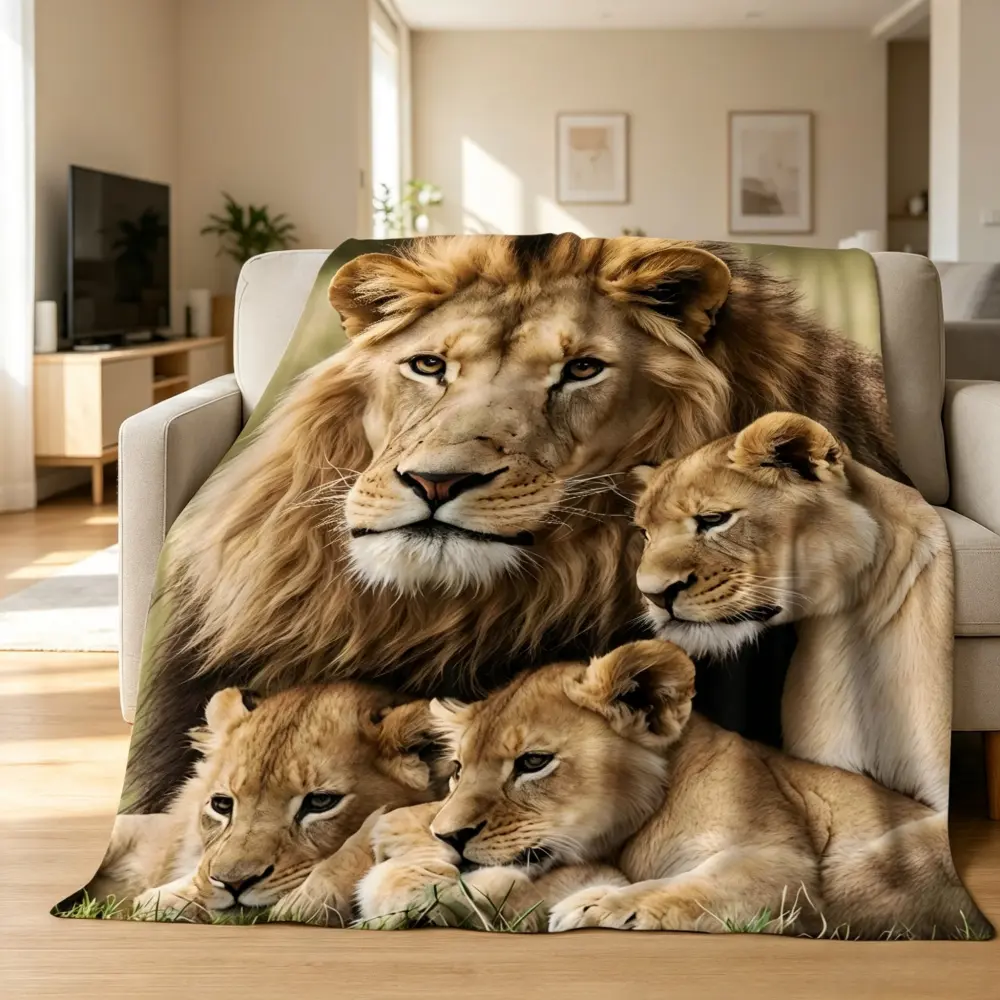 Animal Theme Multi-Size Stain-Resistant Lion Cartoon Flannel Blanket - Soft, Warm, Portable Plush Bedding/Throw for Bedrooms, Travel; Ideal Gift for Children