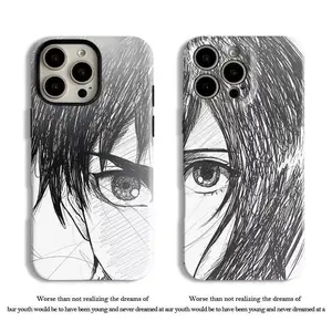 Attack on Titan Eren & Mikasa Sketch Style Couple Smartphone Casing - Anti-Drop Full Aesthetic Printed Soft TPU Phone Accessory for iPhone 17 Pro Max,17 Air,16,15,14,13,12,11 Plus Pro Max & Samsung S26,S25,S24,S23,S22,S21 FE Plus Ultra Cellphone Devices