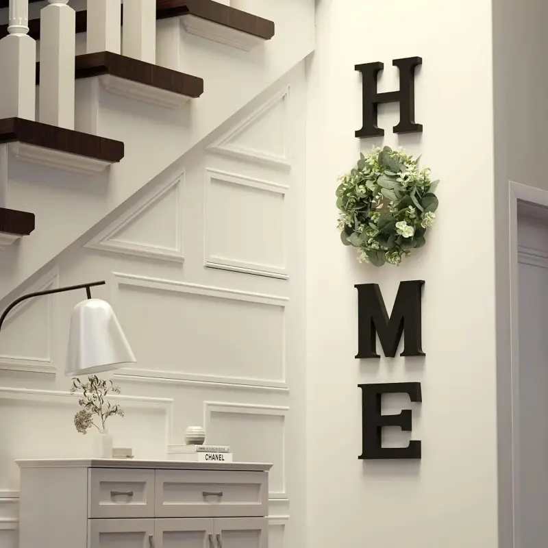 Chic Wooden Home Sign with Eucalyptus Wreath, Modern Farmhouse Wall Decor, Indoor Home Decoration for Living Room Kitchen, Ideal Housewarming & Christmas Gift, Home Decor Gifts, Home Sweet Home Sign, Welcome Sign, Decorative Plaque
