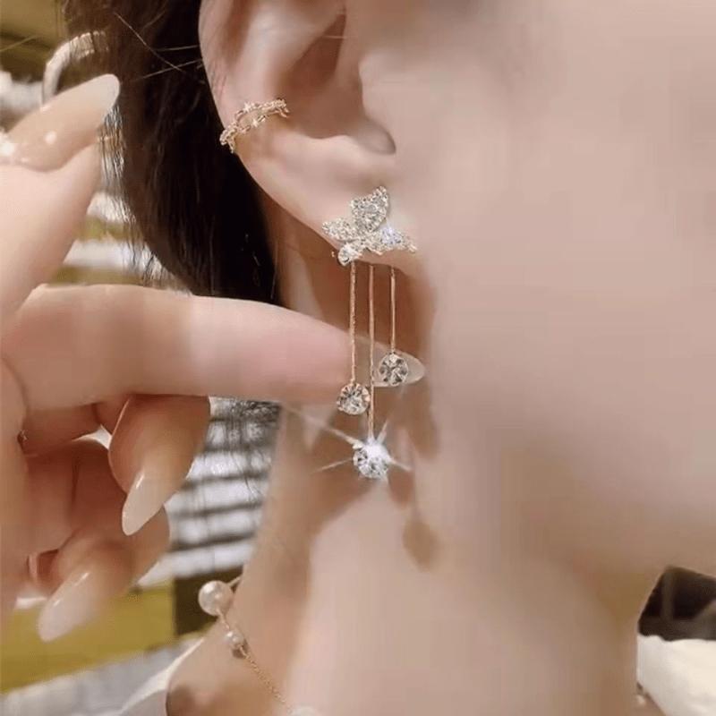 New Fashion Rhinestone Inlaid High-end Butterfly Earrings, Two Pairs of Sweet and Fresh Tassel Style Shiny Women's Earrings