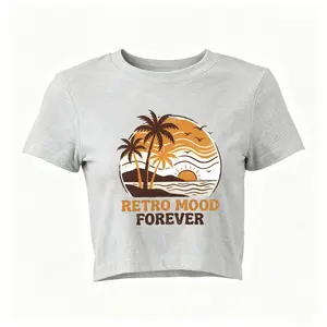 Women’s Retro Mood Forever Vintage Palm Sunset Beach Crop Top, Distressed Tropical Coastal Graphic Tee, Casual Top for West Coast Road Trips Island Vacations and Laid-Back Retro Summer Outfits