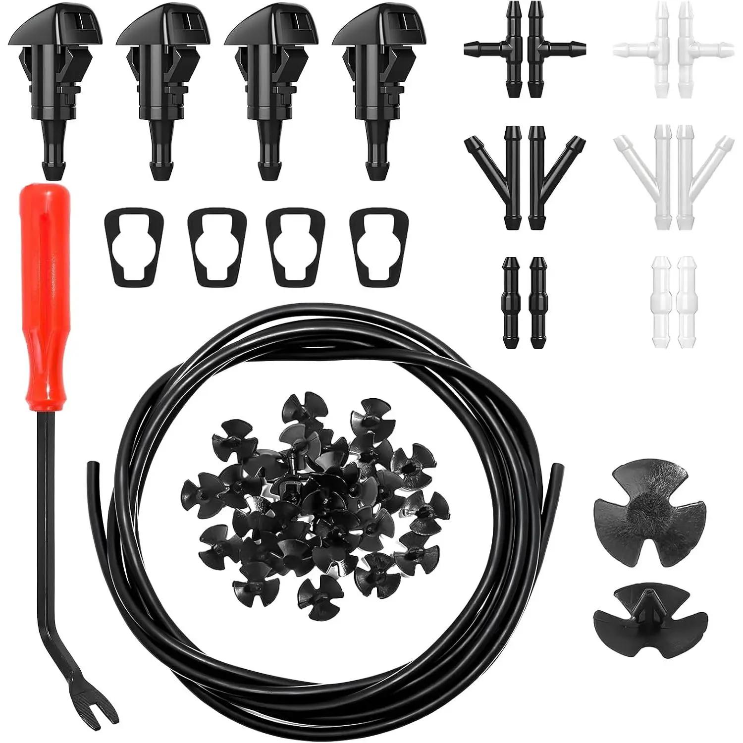 52 count  Windshield Washer Nozzles Set-  Windscreen  Kit with 157.5'' Fluid Hose, 4 count Sprayer Nozzles&Gasket, 12 count Connectors, 30 count  Retainers  Accessories