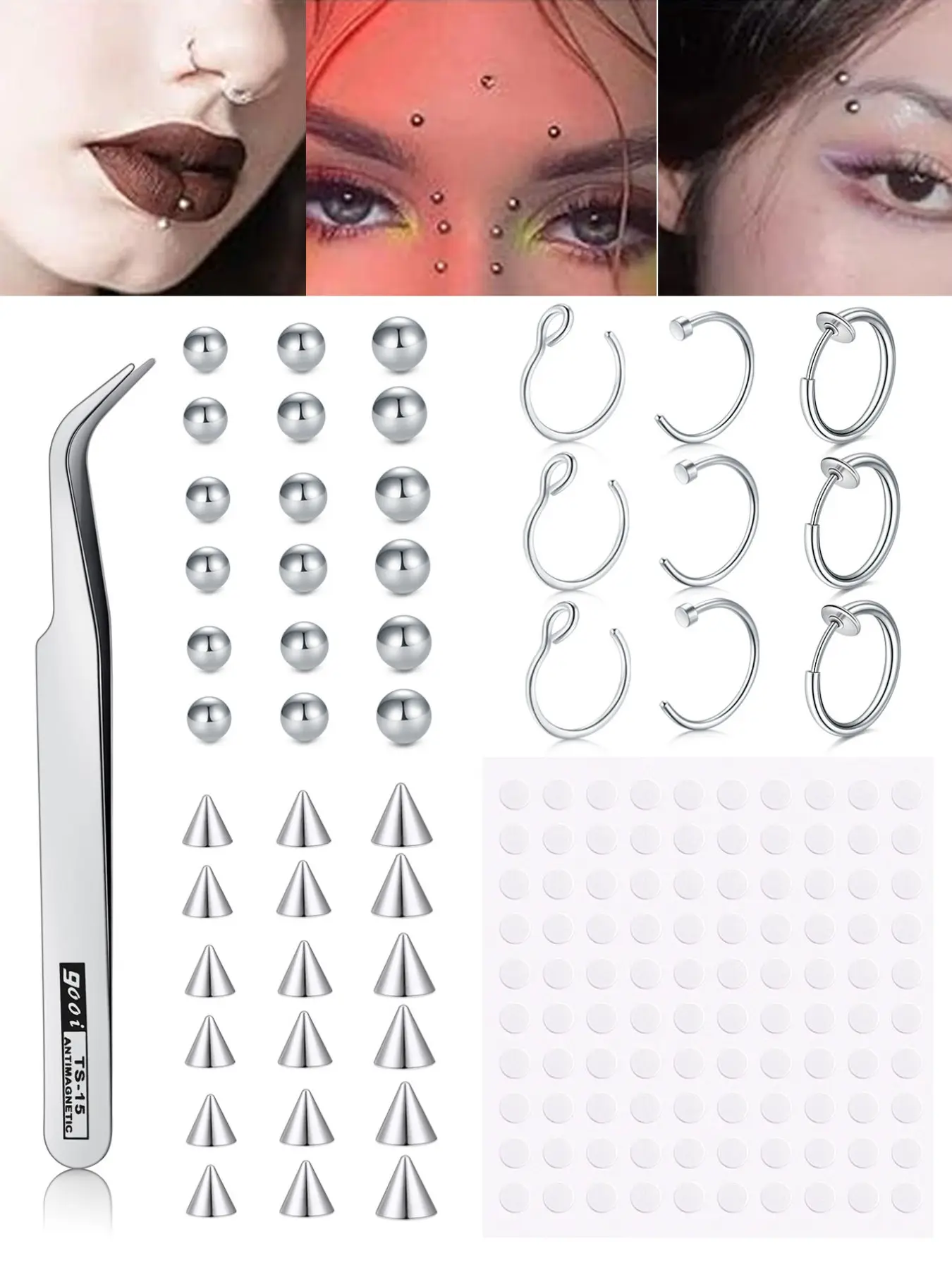 47Pcs/Set Fake Eyebrow Ring Fake Lip Labret Studs Replacement Balls Spike with 100pcs Sticker Non-Piercing Body Jewelry Fake Skin Piercing