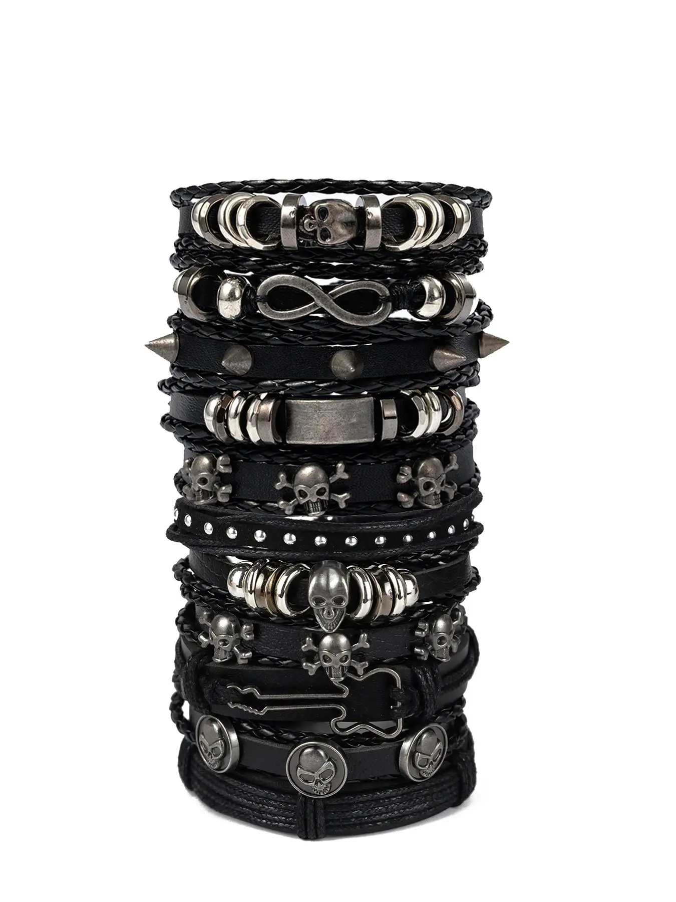 11pcs Punk Style PU Leather Bracelets Set for Men and Women, Fashion Bracelet, Perfect Daily Wear, Ideal Gift for Boyfriend or Girlfriend