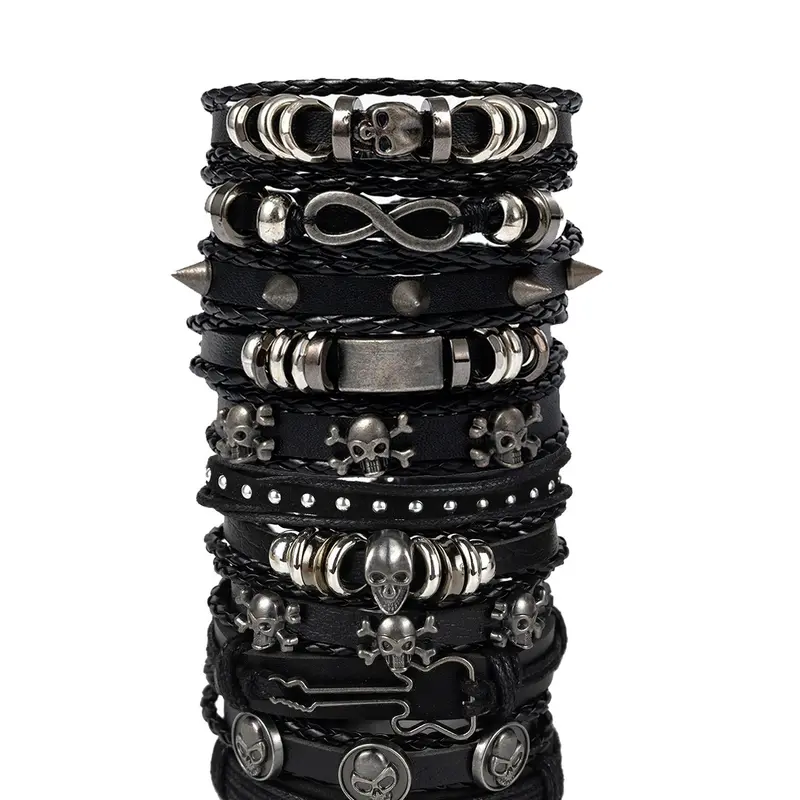 11pcs Punk Style PU Leather Bracelets Set for Men and Women, Fashion Bracelet, Perfect Daily Wear, Ideal Gift for Boyfriend or Girlfriend, Bracelet Sets