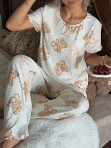 Comfortable Cute Women's Pajama Set, Casual Summer Teddy Bear Pattern Sleepwear, Two-Piece Pajama Set, Soft and Cozy Nightwear