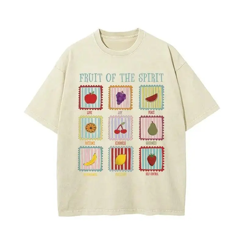 Retro Washed 'Fruit of the Spirit' Christian T-Shirt | Colorful Fruit Stamp Faith-Based Oversized Tee Vintage Christian Gift Top