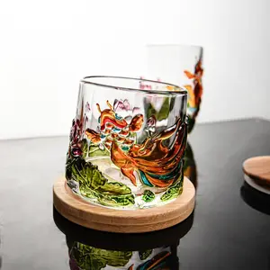 Handmade Artistic Glass Whiskey Cup with Base, Creative Koi Lotus Design, Unique Hand-Painted Glassware for Spirits, 1 Piece Set