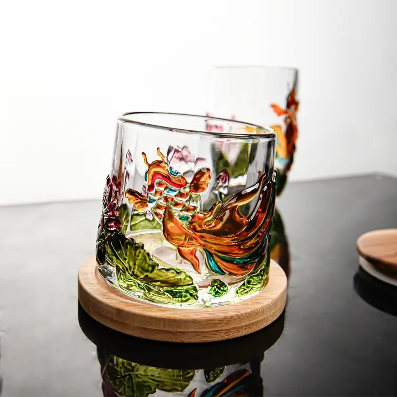 Handmade Artistic Glass Whiskey Cup with Base, Creative Koi Lotus Design, Unique Hand-Painted Glassware for Spirits, 1 Piece Set, Whisky Glass, Whiskey Glasses