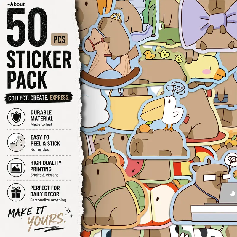 50PCS Capybara Aesthetic Vinyl Stickers Pack for Laptop Water Bottle Phone Case Skateboard Journal Scrapbook DIY Decoration