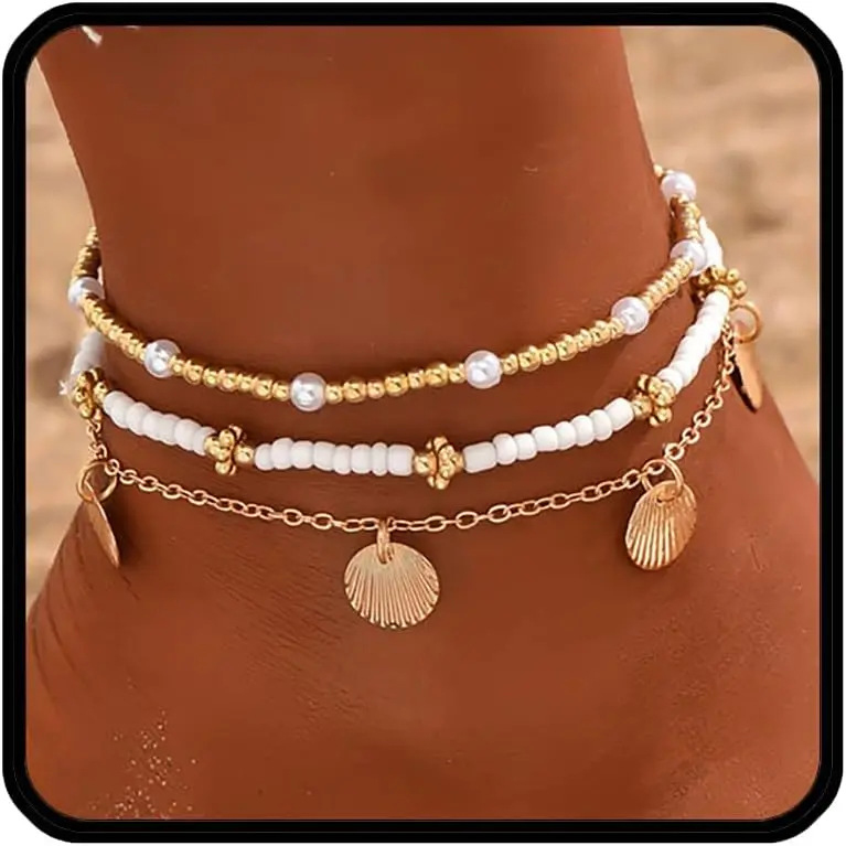 Stack Anklets Ankle Bracelets for Women Adjustable Waterproof Beach Jewelry Set Boho Gold Seashell Bead Surf Foot Chain Summer Gifts