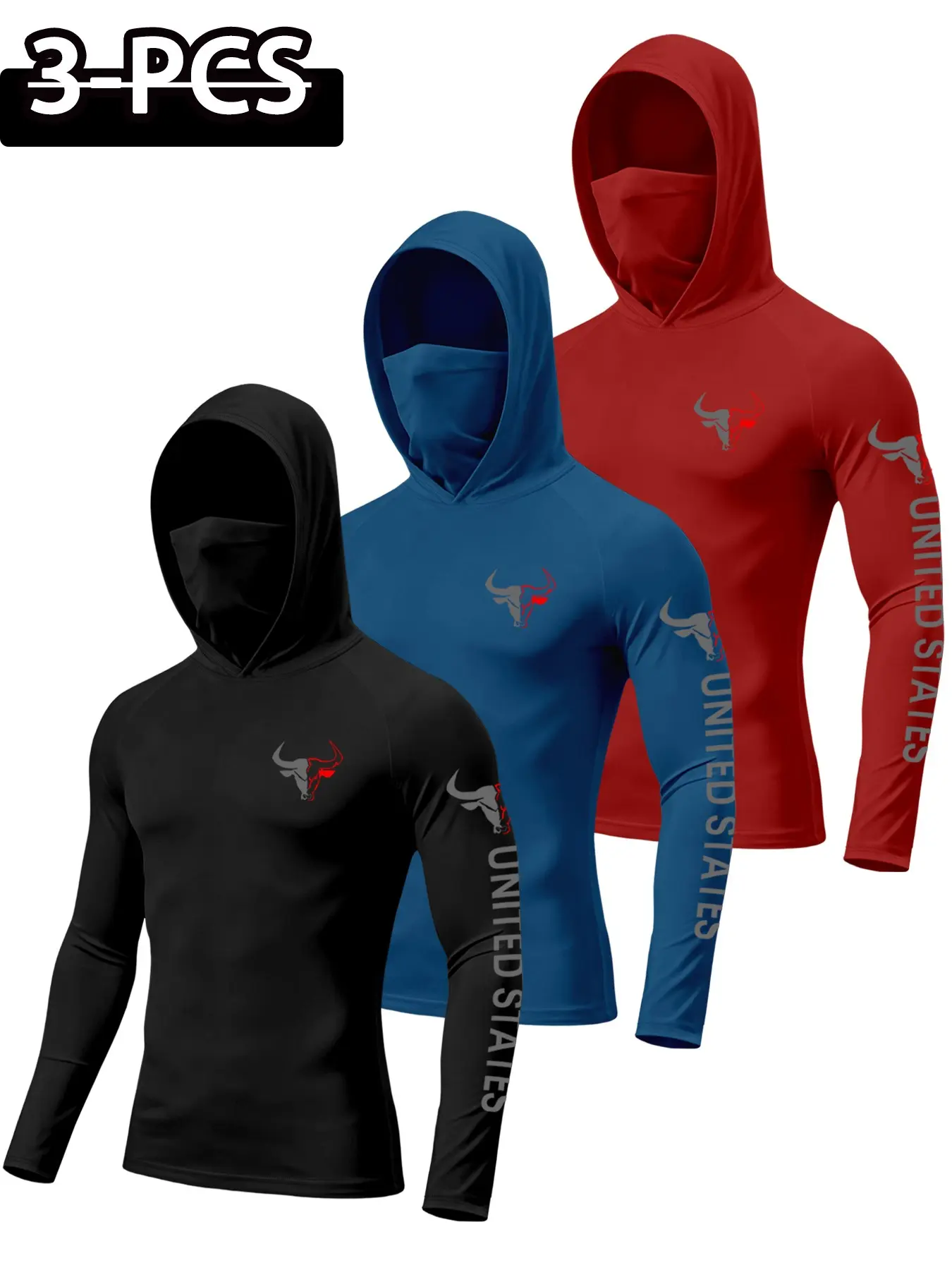 Men's Outdoor Bull Head Print Hoodie Set, Windproof Face Mask, Fitted Long Sleeve, Breathable Quick-Dry, Ideal for Travel, Fishing, Adventure, Sports