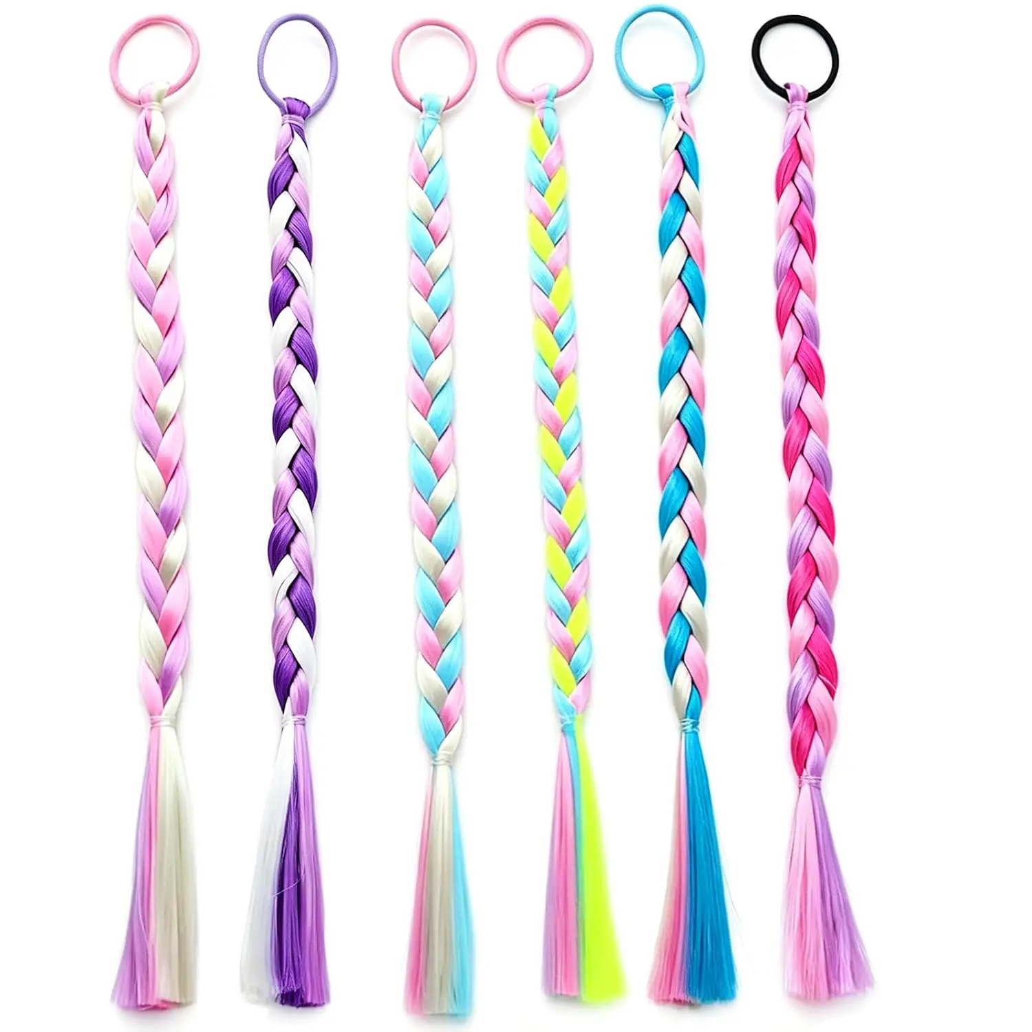 6 count Braided Ponytail Extension, Colored Hair Extensions for , Rainbow Pony Tail Wig Hairpieces Hair Accessories for Girls