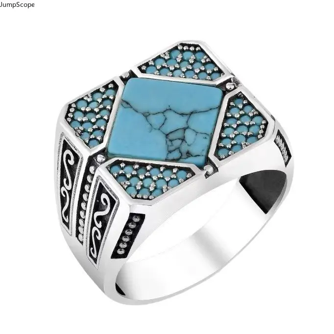 Male Square Matrix Turquoise Signet Ring - Polished Silver, Multi-Panel Micro Pave, Tribal Scroll Engraved Western Wide Band for Daily Street Wear, Micro Pave Turquoise