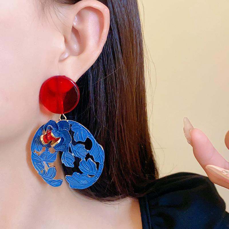 Silver Needle Resin Flower and Leaf Chinese Style Earrings, New Chinese Style Unique Design Ear Drops, Vintage Cheongsam New Style Jewelry for Women