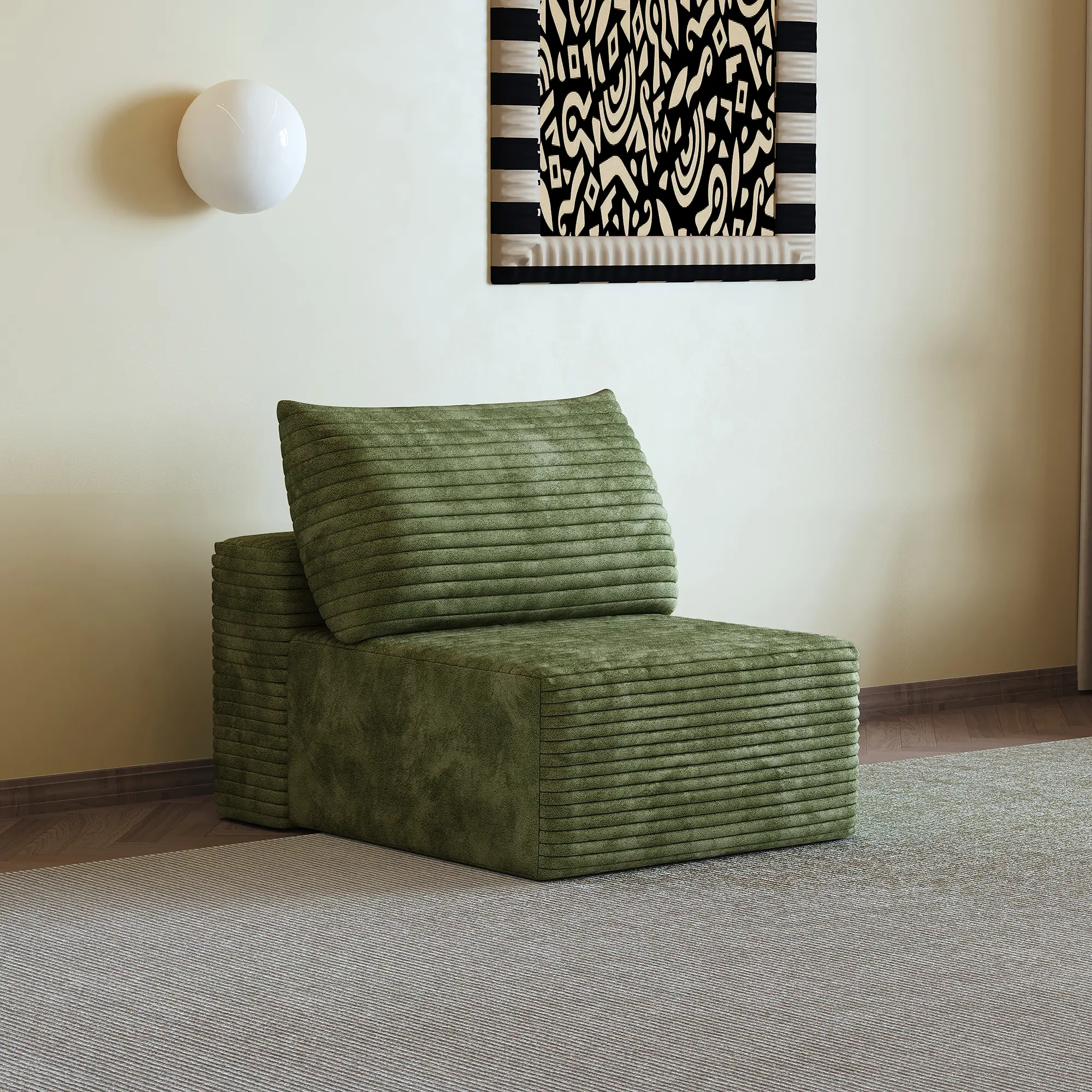 ARCH Modular 1-Seater Sofa with Chaise Lounge, Plush Corduroy Fabric, Green, No Assembly Required, Compact Couch for Living Room, Apartment, Bedroom, Foam Cushion, Single Seat, 37.4x27.6x24.4 in, Green Color Options, Fabric Material,sohochic
