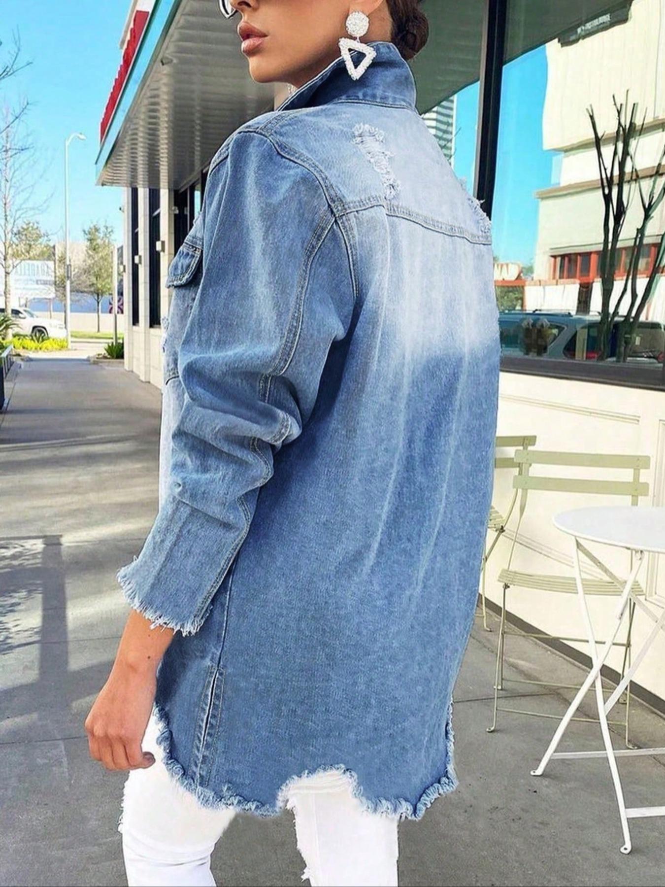 Women's Raw Hem Ripped Fitted Denim Jacket, Button Front Design, Fashion Street Style Versatile Jean Coat, Casual Basic Wear for Spring & Fall