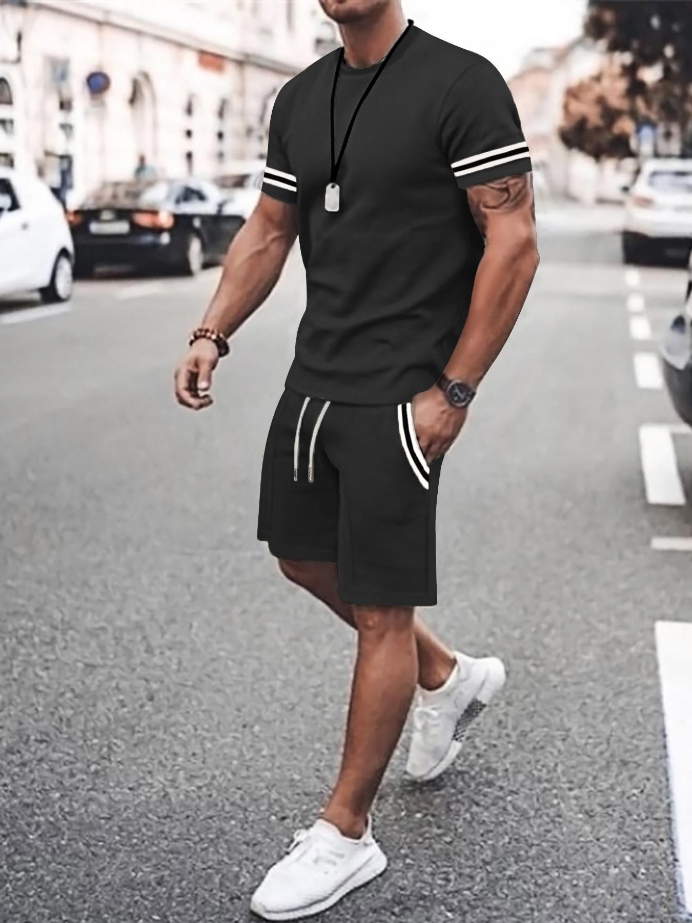 Two-Piece Set Men's Contrast Binding Tee & Drawstring Waist Shorts Set, Quality and Comfort Casual Short Sleeve Round Neck T-shirt & Pocket Track Shorts, Summer Outfits Clothes Set for Men Two-Piece Set Men's Contrast Binding Tee & Drawstring Waist Shorts Set, Quality and Comfort Casual Short Sleeve Round Neck T-shirt & Pocket Track Shorts, Summer Outfits Clothes Set for Men