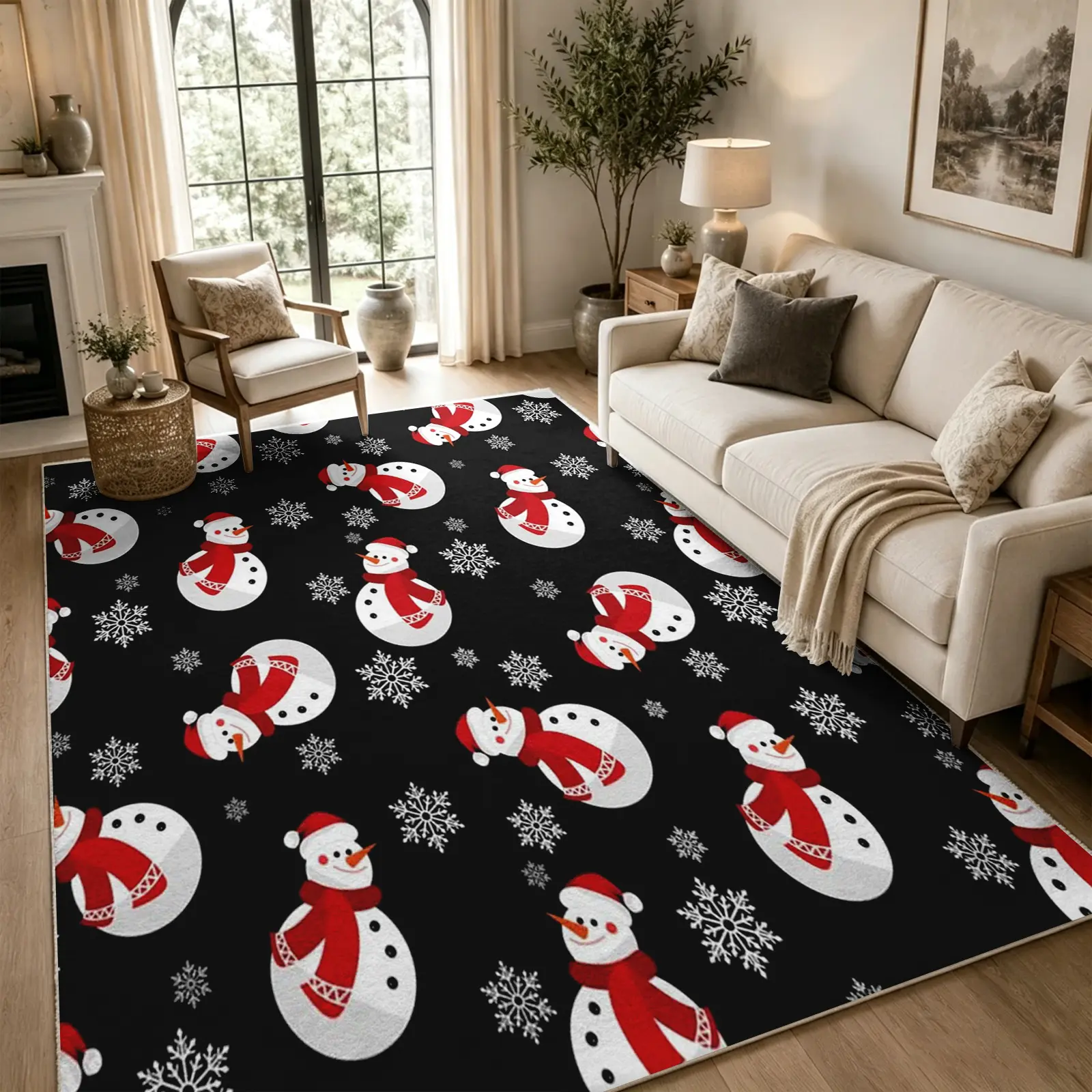 Funny Christmas Snowman Area Rug - Soft Faux Cashmere, Black-Red-White Snowflake, Non-Slip Machine-Washable Indoor Floor Cover for Home Rooms, Holiday Decor, Multi-Size Carpet for Living Room Bedroom