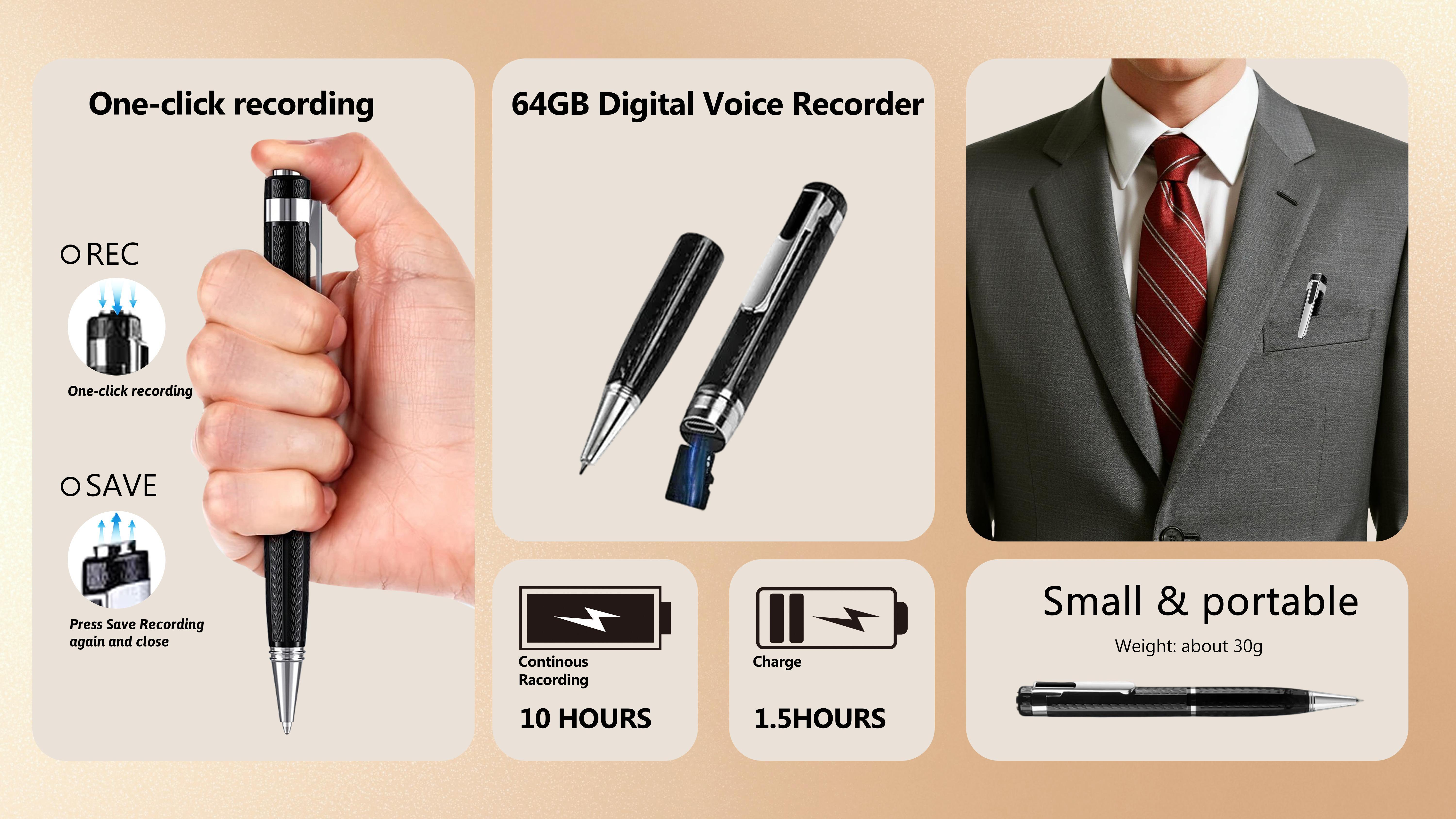 Smart Digital Pen, Refillable, Metal Body, Portable Compact Technology Gadget, Voice Activated Smartphone Recorder, Noise Reduction for Convenient Voice Audio Recording, USB High-Precision Interview Recording Device Car recorder