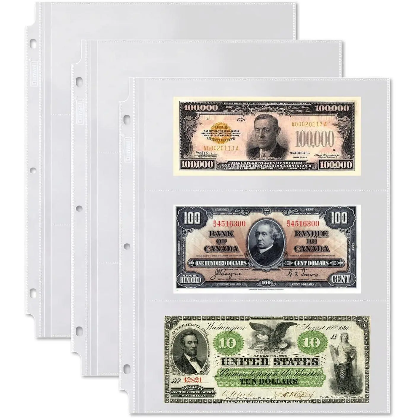 Binder  Sleeves, 3-Pocket Clear Refill Pages, 25 Pack | Acid-Free Pages for Bills, Banknotes & , 3-Ring Binder  Collection Album