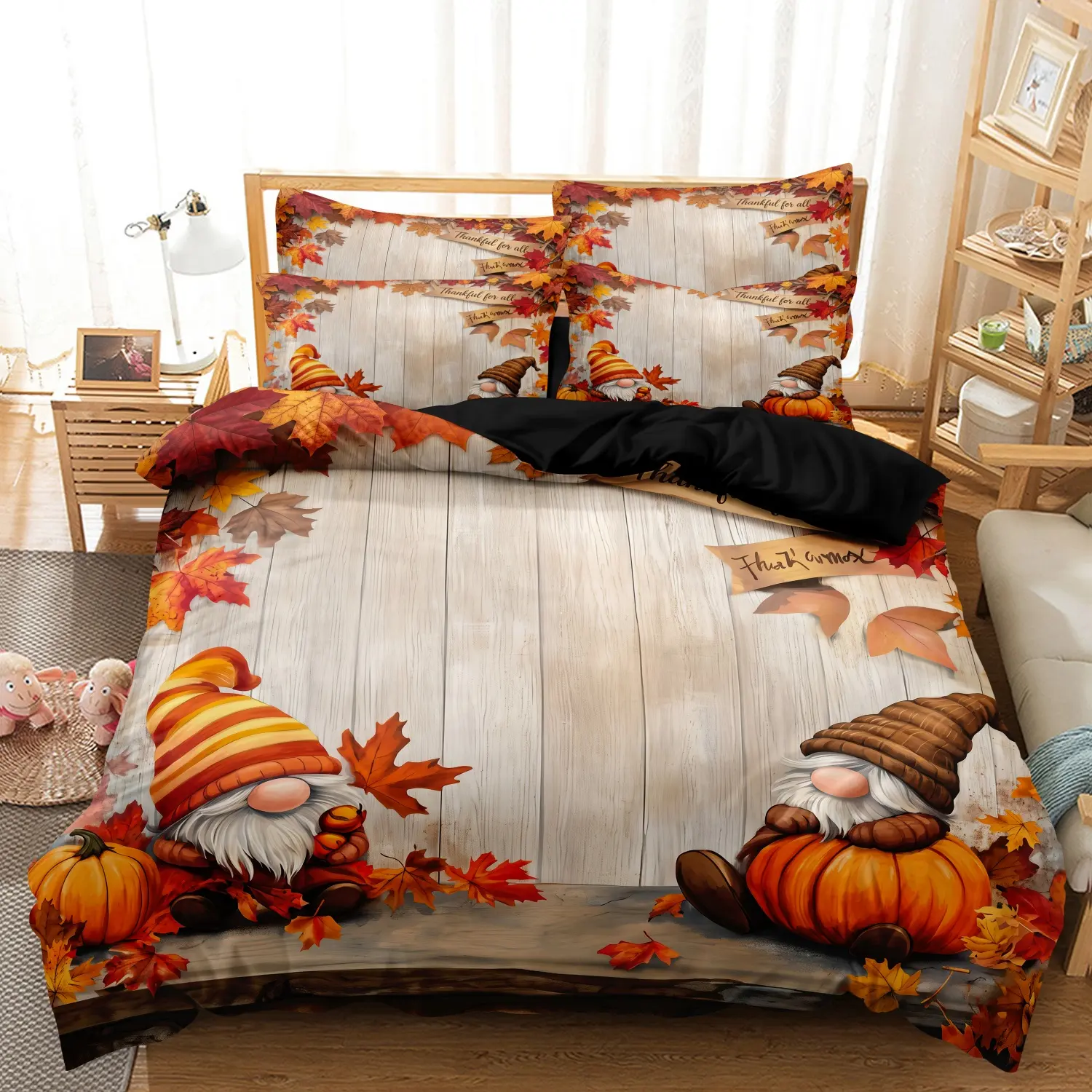 3 Pieces Rustic Farmhouse Fall Gnome Print Duvet Cover Set, Vintage Wooden Plank Cute Gnomes Pumpkin Maple Leaves Pattern Bedding, Cozy Thanksgiving Autumn Home Decor Gift (1 Duvet Cover + 2 Pillowcases, No Comforter No Pillow)