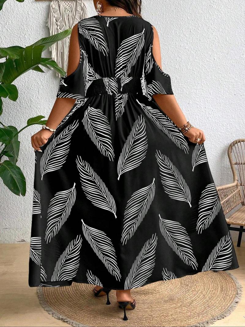 【Plus Size】 All Over Print Split Hem Dress Casual Cold Shoulder Dress for Summer, Women's Clothes for Daily Wear, Casual Classy Dress, Bohemian Dresses