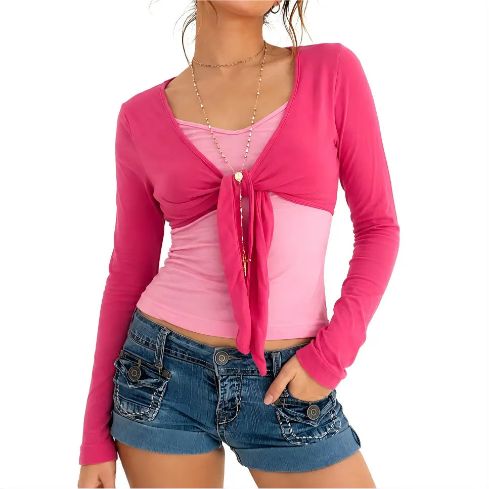 Y2K Downtown Girl Tie-Front Crop Top for Women, Cotton Long Sleeve Deep V Open-Front Top, Hot Pink Going-Out Layering Shirt