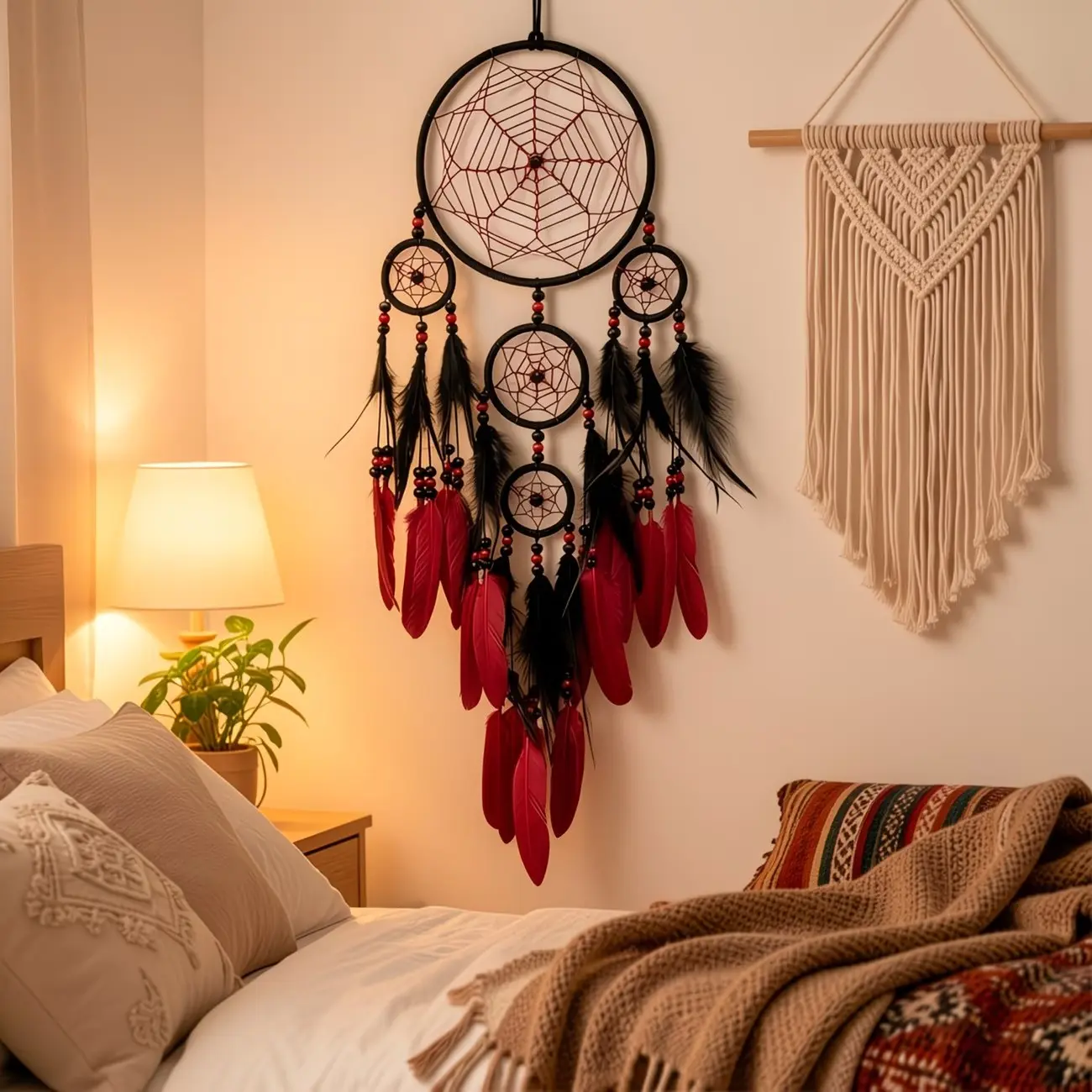 Boho Handmade Dream Catcher Wall Hanging, Bohemian Fabric Web with Feathers & Beads, Girls' Bedroom Decor, Multi-Holiday Ornament, Interior Wall Decor