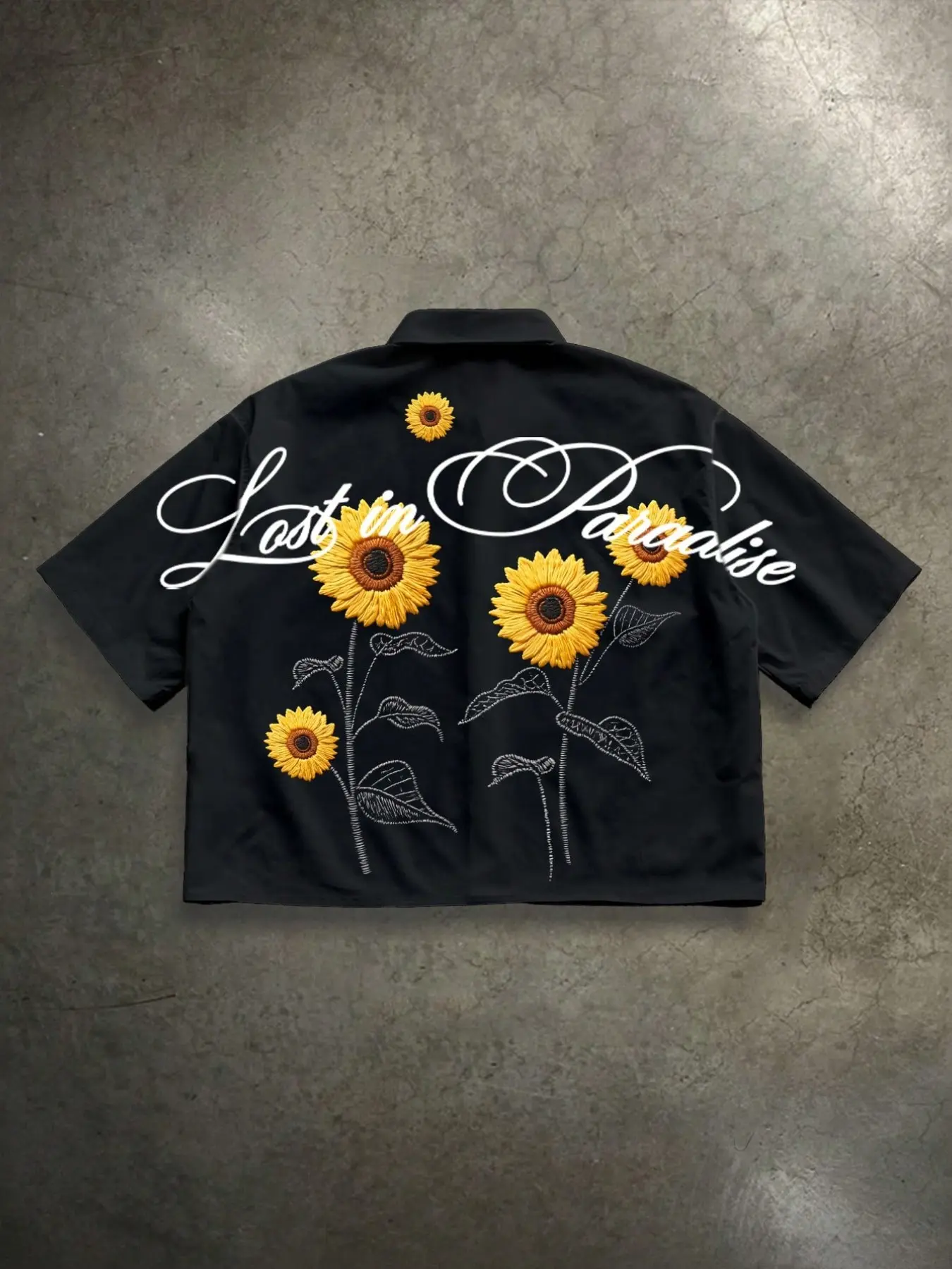 Lost in Paradise Sunflower Floral Embroidered Short Sleeve Button Up Shirt Men Boxy Fit Oversize Y2K Streetwear Anti-Wrinkle Summer Casual Festival Shirt