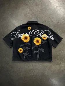Lost in Paradise Sunflower Floral Embroidered Short Sleeve Button Up Shirt Men Boxy Fit Y2K Streetwear Anti-Wrinkle Summer Casual Festival Shirt