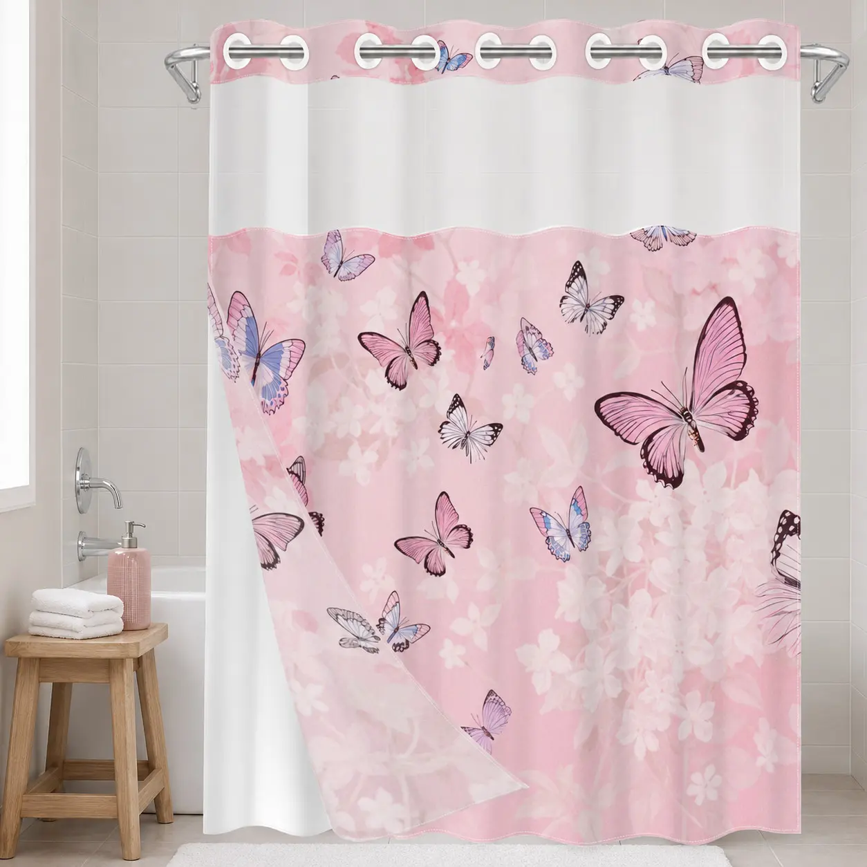 1pc hookless shower curtain, Pretty shower curtain with buckle lining, spring-themed butterfly and floral design, 2D flat printing, fabric waterproof lining, see-through double-layer, 71 x 74 inches
