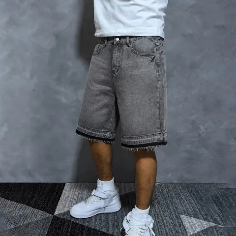 Y2K Loose-Fit Denim Shorts with Slanted Pockets, Summer Streetwear, Cotton Fabric, Casual Style, Solid Color, Ideal for Daily Wear