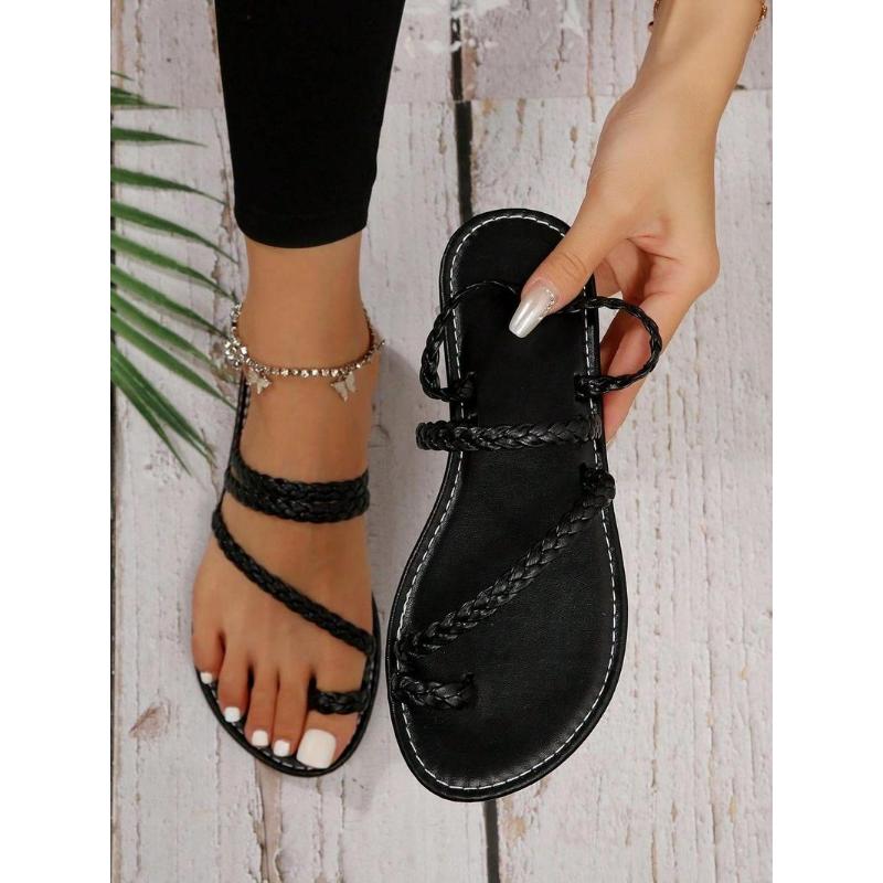 (New)Women's Fashionable Plain Color Ankle Strap Sandals, Casual Comfortable Flat Sandals for Beach Vacation, All-match Barefoot Shoes for Daily Wear, Summer
