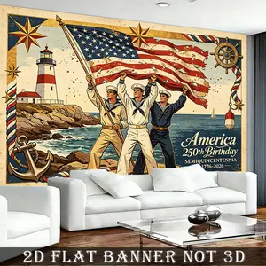 2D Flat, 1pc Nautical Banner Suitable for Independence Day & 250th Anniversary Decorations - Retro American Coastal Backdrop with Sailors, Flags & Stars Stripes - Polyester Fabric for Parties, Photo Studio Back