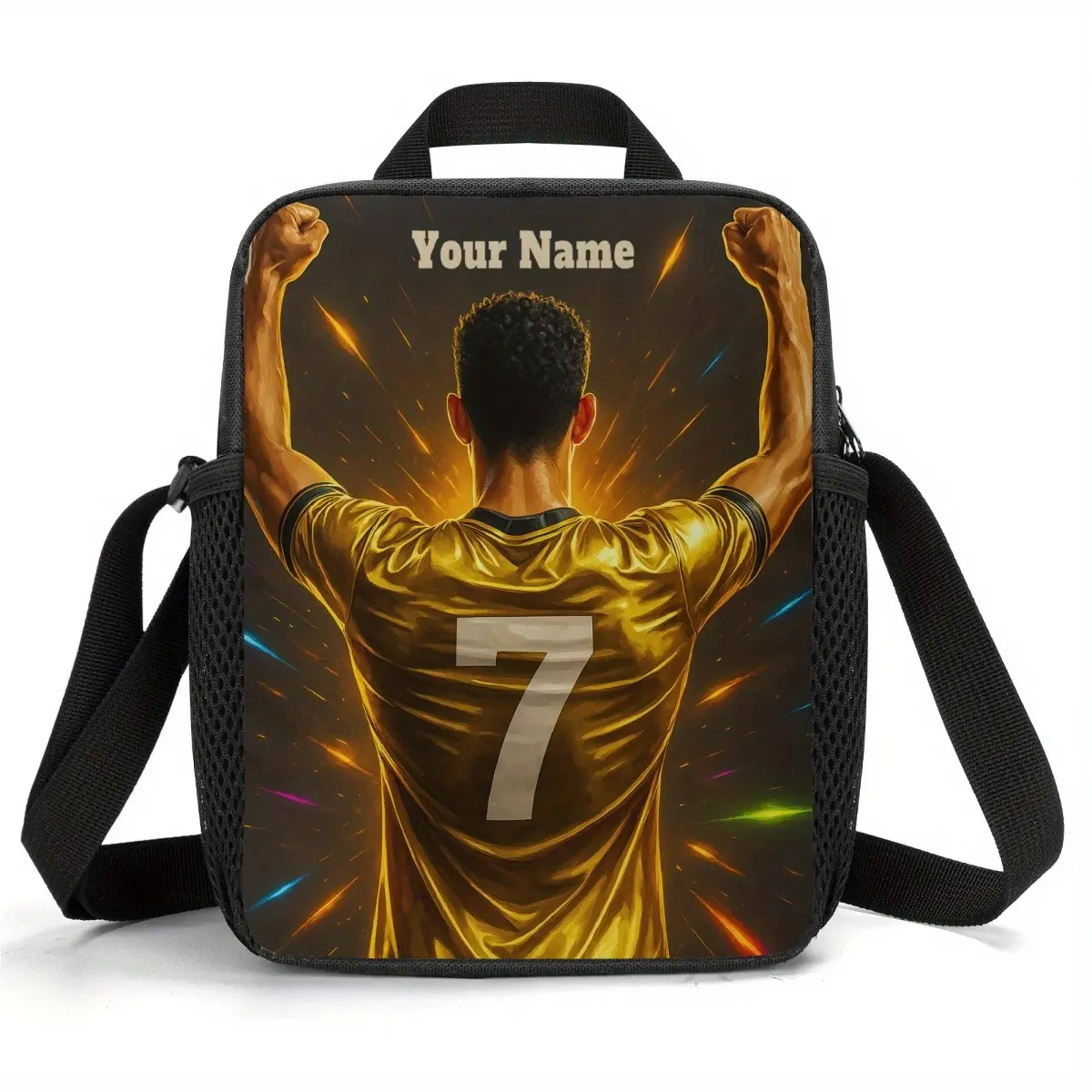 Custom 7 Number Golden Soccer Player Back Print Polyester Insulated Lunch Bag, Thermal Cooler Crossbody Tote Bag for Boys Football Fans, Personalized Name Birthday Gift Ideas