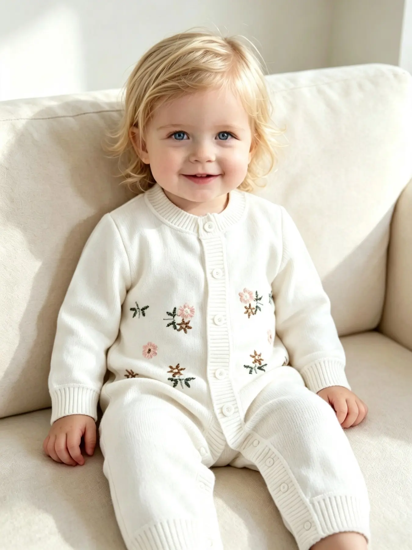 Baby Long Sleeve Knit Onesie, Girls' Elegant Floral Embroidery Full Snap Closure, Matching Button Crawling Suit, Infant Clothing