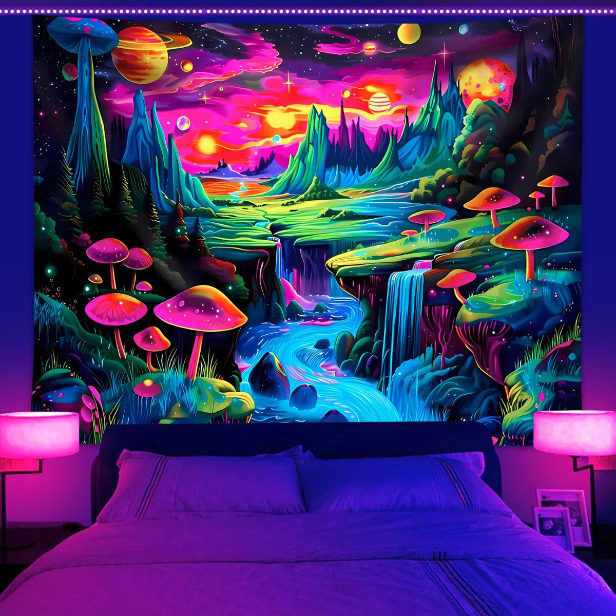 Neon Mushroom Landscape Tapestry, 1 Count UV Responsive Black Light Glow in the Dark Tapestry with Installed Accessories, Wall Decor for Home Living Room Bedroom
