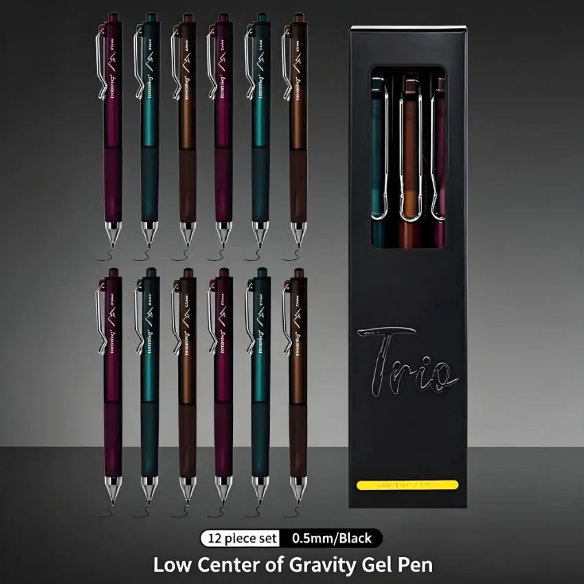 12-Piece Vintage Dark Neutral Gel Pens Set, Plain Dark Tone Business Design, Low Center Gravity, Triangular Posture Correction, ST Nib Tip, Non-Bleeding Quick-Dry Ink, High-Capacity Office Stationery for Study & DIY Smooth Writing