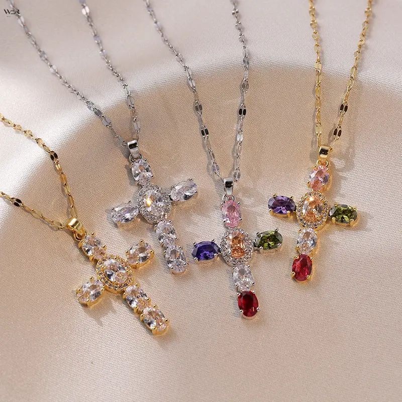 4 Styles Crystal Cross Pendant Necklace, Rainbow/All-White Zircon Cross Charm in Gold/Silver Tone, Adjustable 40+5cm Chain for Religious Daily Party Women Jewelry