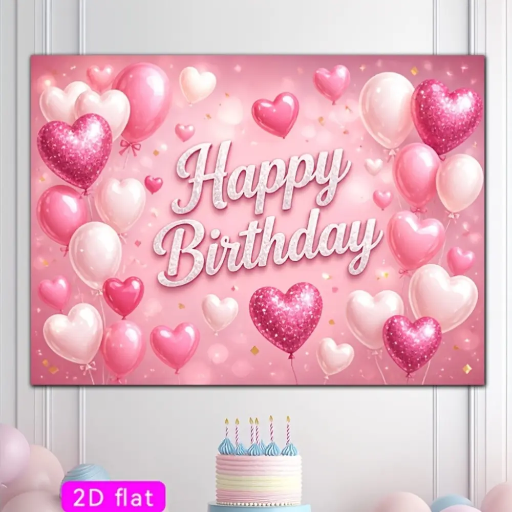 2D Flat Polyester HD Digitally Printed Photography Backdrop Sheet, Pink Heart Balloon Happy Birthday Themed Cloth, Soft Lightweight Foldable Fabric, Suitable for Birthday Parties, Portrait Photos