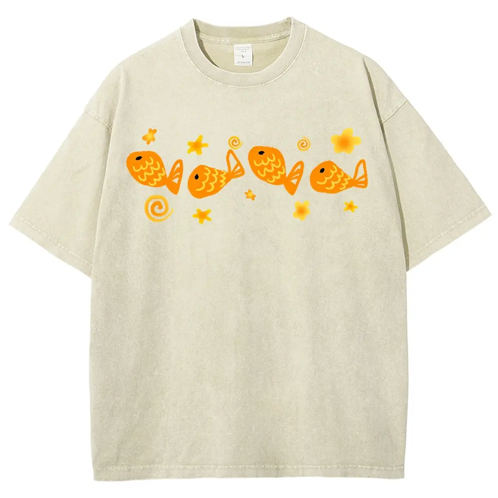[ DTG Print ] Soft Kawaii Childlike Streetwear Aesthetic, Four Cartoon Orange Fish Star Swirl Accent Front Print Unisex Y2k Clothing Round Neck Washed T-Shirt,Women's Clothing 100% Cotton, Menswear, Top, Vintage Style,Summer Casual Oversized