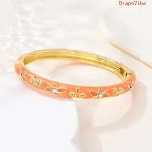 New Chinese Style Gilded Enamel Bangle With Floral Pattern, Colorful Drip Oil National Fashion Jewelry For Daily Matching