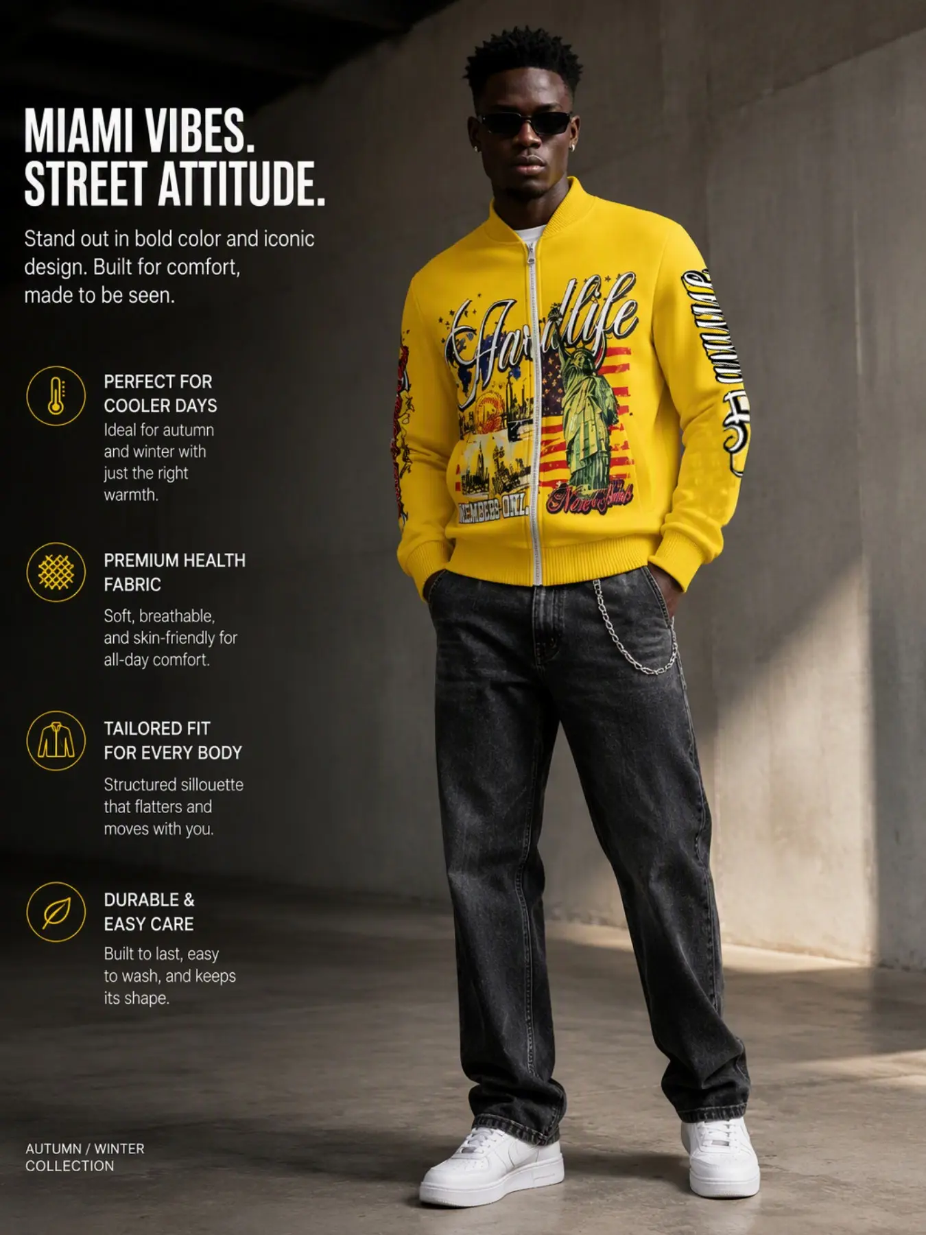 Men's Statue of Liberty Full Zip Bomber Jacket, Vintage Baseball Collar Windproof Jacket, Streetwear Fall Winter Coat