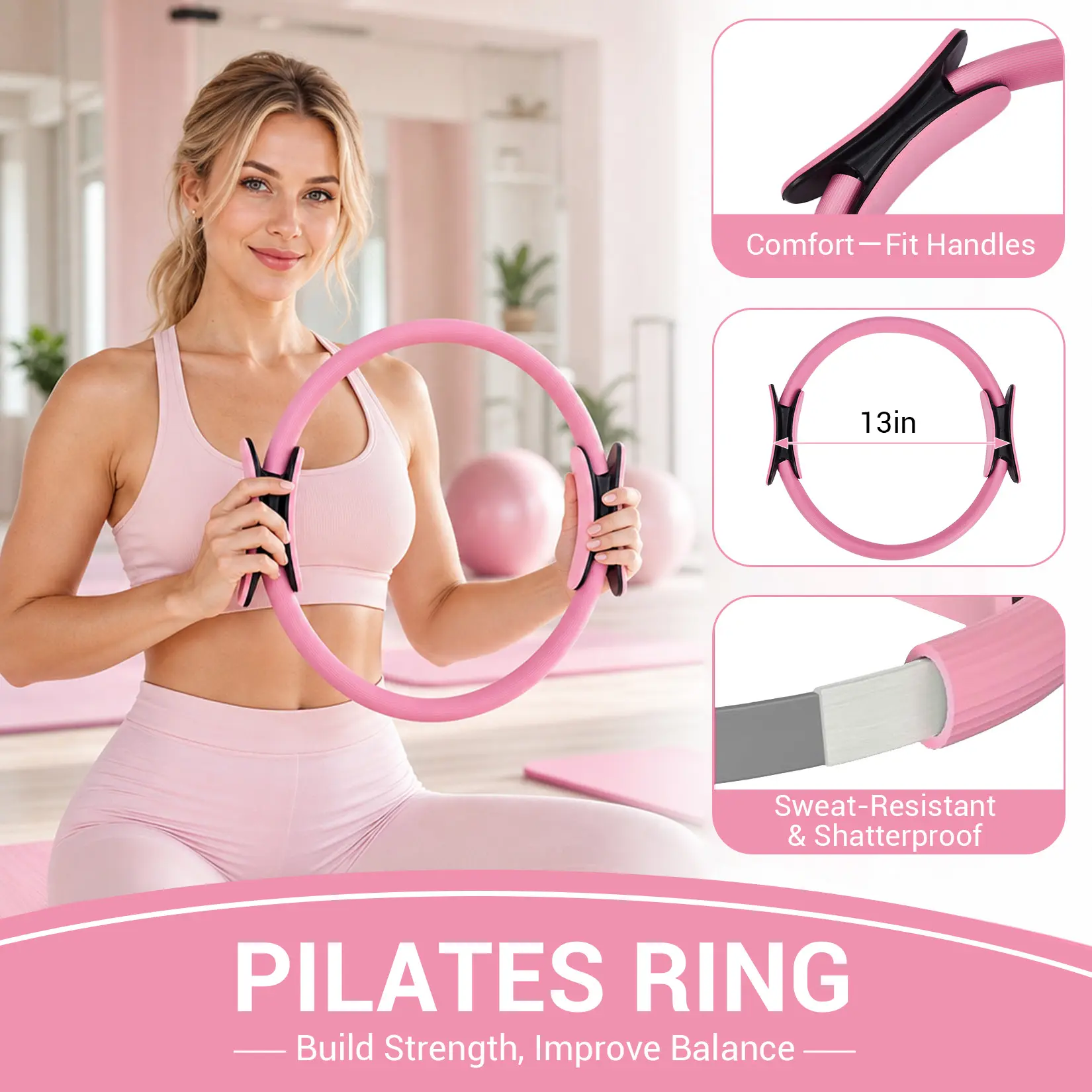 Multi-Function Pilates Circle Kit – Home Fitness Set with Pilates Ball, Resistance Bands, Yoga Blocks, Accessories – Full-Body Pilates Equipment, Pink