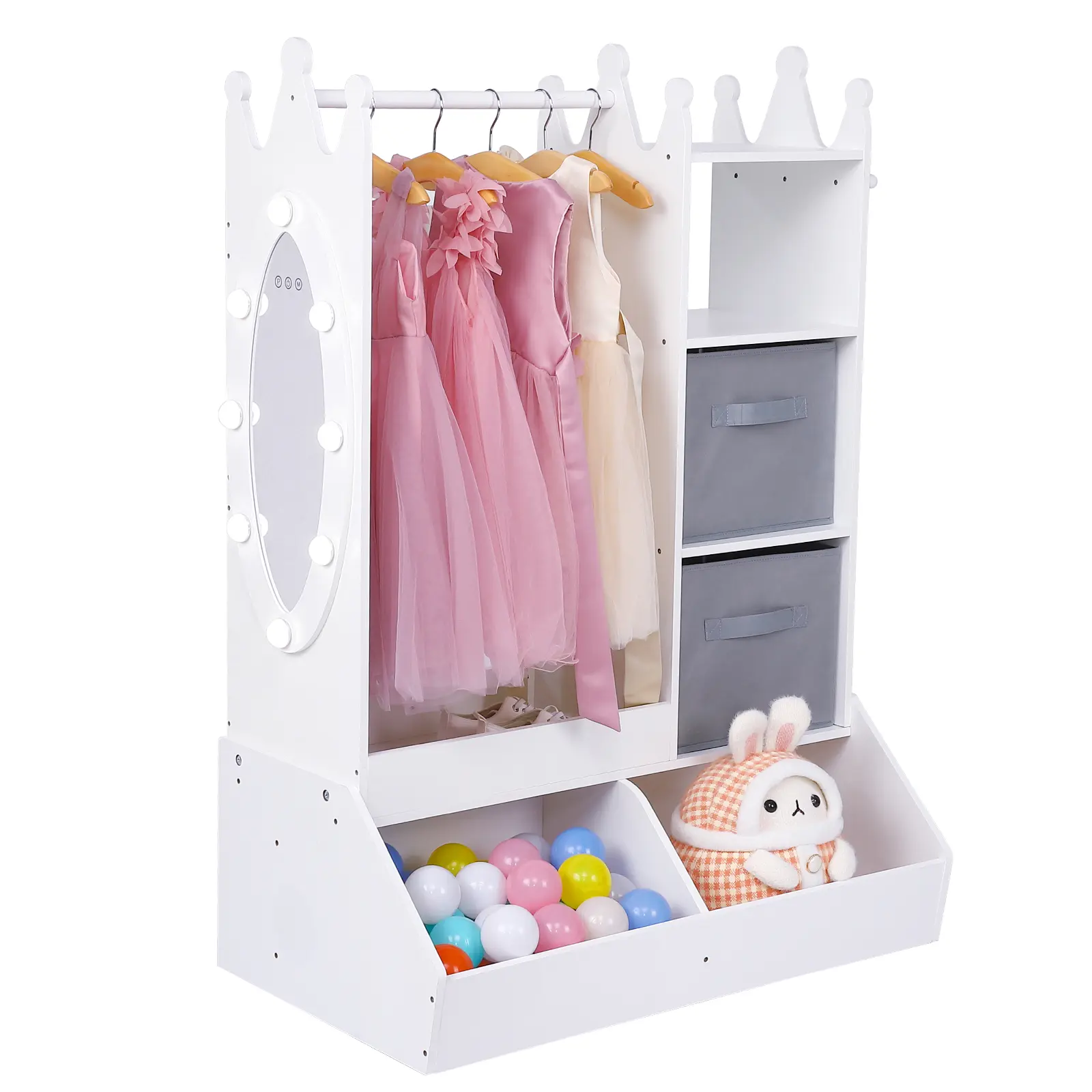 45.3" Touch-Control LED Vanity Mirror Wardrobe Organizer with 3 Light Modes, Dress Up Closet Shelves & Storage Bins, Bedroom Standing Coat Rack
