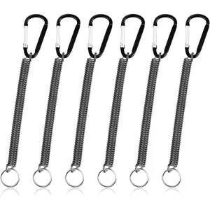 6 PCS Black Fishing Lanyards Heavy Duty Retractable Coiled Spring Coil Cord Keychain Steel Wire Fishing Tool Tether for Pliers Boating Kayak