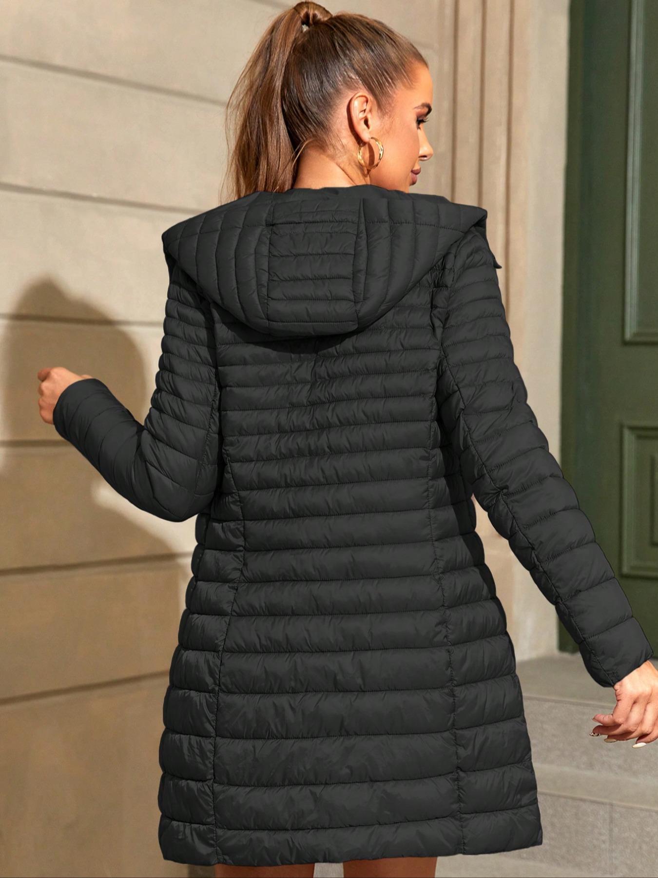 Women's Plus Size Long Puffer Coat for Fall Winter, Warm Hooded Coat with Pockets, Casual Fitted Outerwear, Elegant Commuter Style Clothes