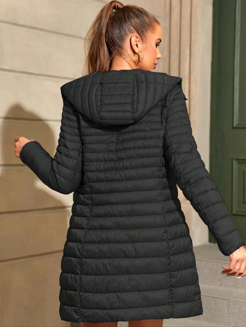 Women's Plus Size Long Puffer Coat for Fall Winter, Warm Hooded Coat with Pockets, Casual Fitted Outerwear, Elegant Commuter Style Clothes