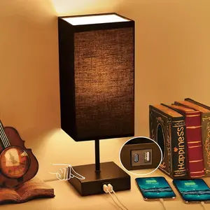 3 Way Dimmable Touch Table Lamp, Small Black Bedside Lamp for Bedroom with 2 USB C+A Charging Ports, Suitable for Nightstand End Table Living Room Desk, Bulb Included